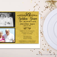Golden Then & Now Photo 50th Wedding Anniversary Invitations
