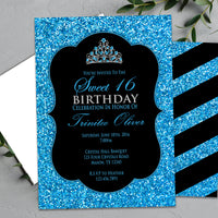 Black and Aqua Blue Glitter Sweet 16 Invitations Tiara