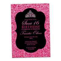Tiara Pink Glitter Sweet 16 Invitations