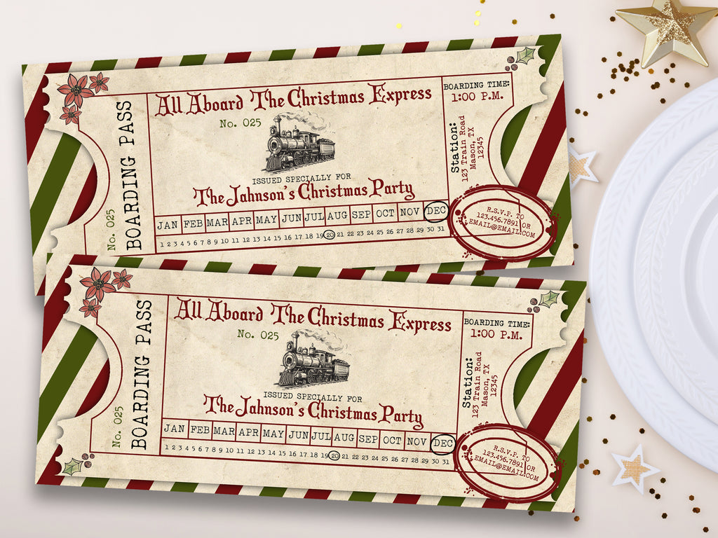 vintage christmas train ticket invitations | party print express