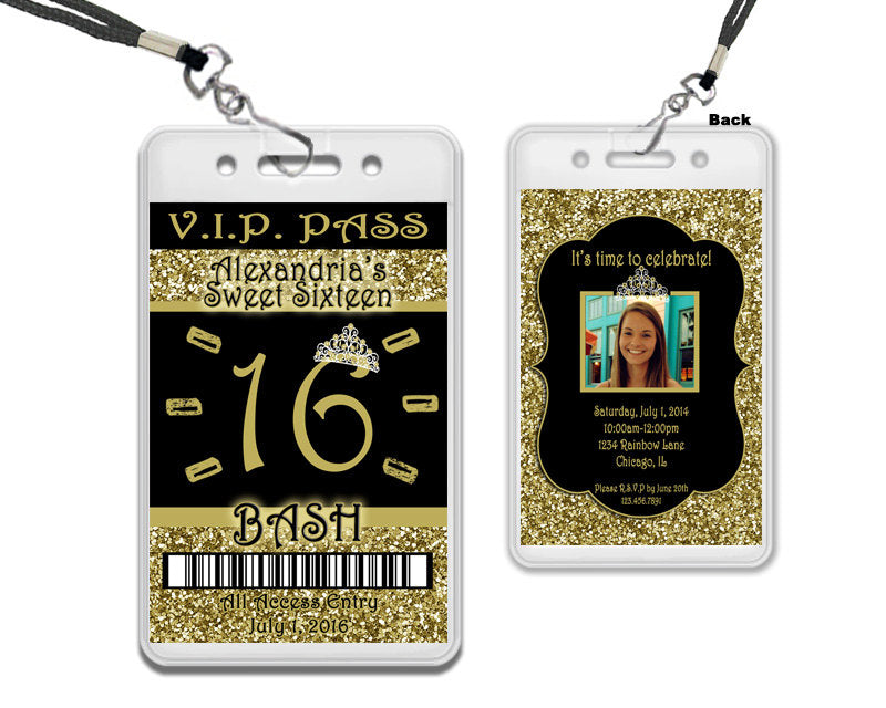 Black and Gold Glitter VIP Pass Lanyard Sweet Sixteen Invitations
