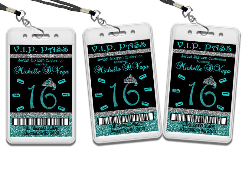 Turquoise Glitter VIP Pass Lanyard Sweet Sixteen Invitations Party