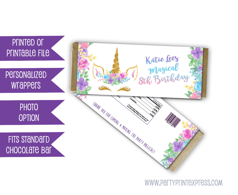 Unicorn Head Birthday Candy Bar Wrappers | Party Print Express unicorn-head-birthday-candy-bar-wrappers-party-print-express