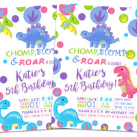 Chomp Stomp Roar Girls Dinosaur Birthday Invitations