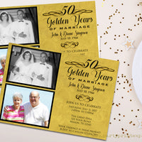 Golden Then & Now Photo 50th Wedding Anniversary Invitations