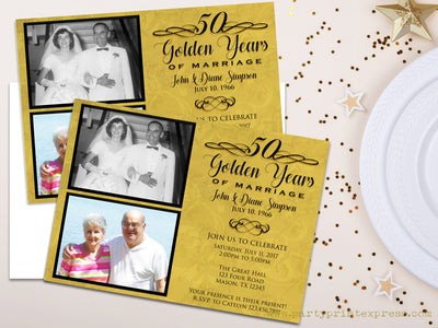 Golden Then & Now Photo 50th Wedding Anniversary Invitations
