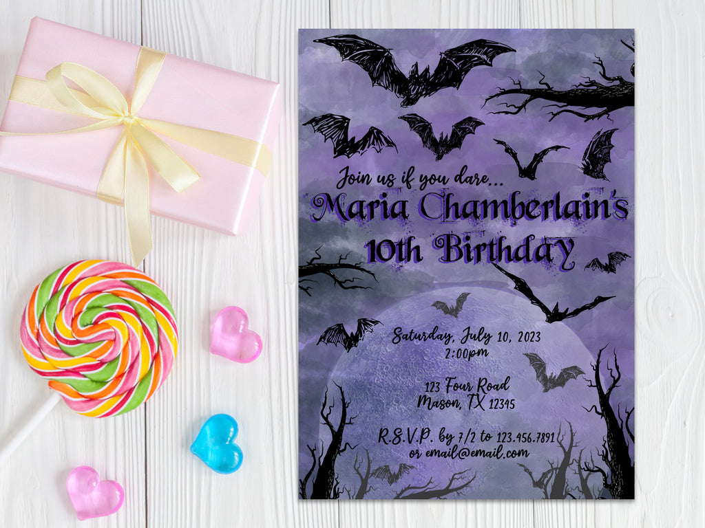 Goth Bat Girl Nevermore Birthday Invitations