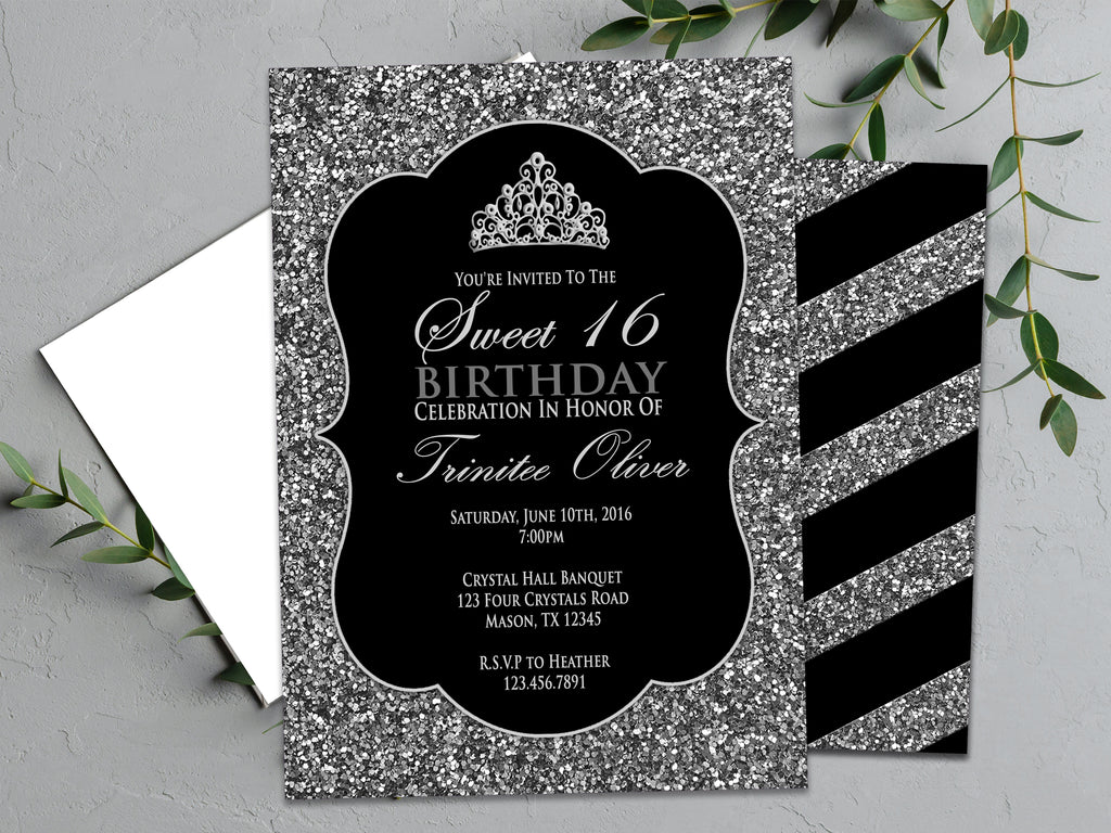 Black and Silver Glitter Sweet 16 Invitations Party Print Express