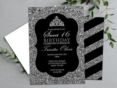Black and Silver Glitter Sweet 16 Invitations
