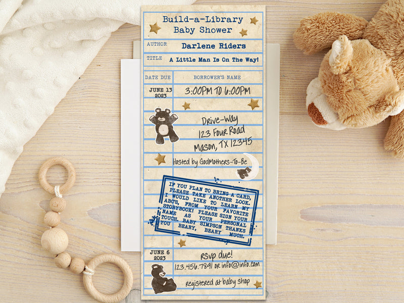 Boy Teddy Bear Library Card Baby Shower Invitation | Party Print Express for Build A Bear Invitations Printable Free