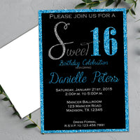 Aqua Blue Glitter Sweet 16 Birthday Invitations