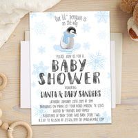Penguin Baby Shower Invitations Blue Snowflake Boy