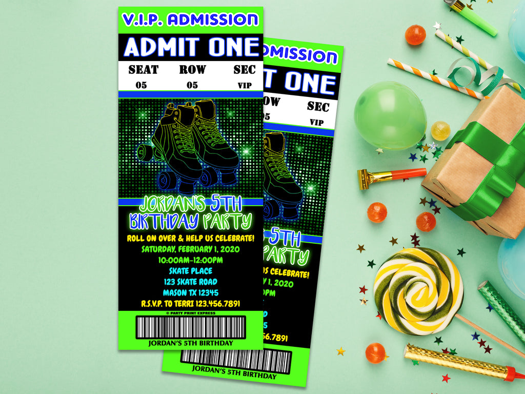 Boys Neon Roller Skating Party Ticket Invitations