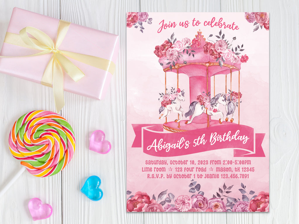 Pink Carousel Girls Birthday Invitations