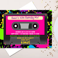 Neon Cassette Tape Birthday Invitations