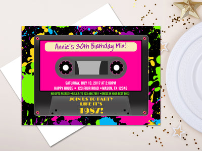 Neon Cassette Tape Birthday Invitations
