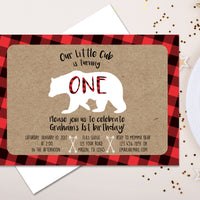 Buffalo Plaid Bear Cub Invitations for Boys