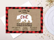 Buffalo Plaid Bear Cub Invitations for Boys