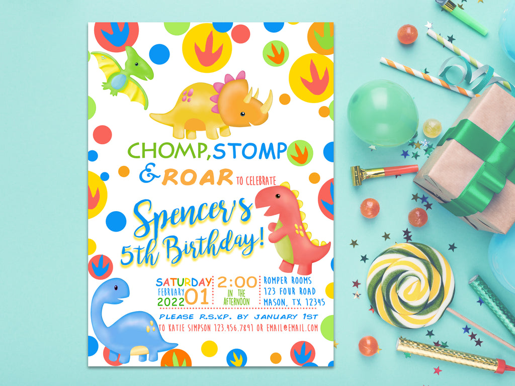 Stomp Chomp Roar  Boys Dinosaur Birthday Invitations