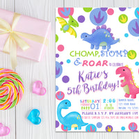 Chomp Stomp Roar Girls Dinosaur Birthday Invitations