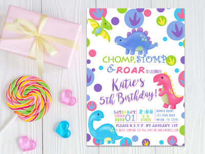 Chomp Stomp Roar Girls Dinosaur Birthday Invitations