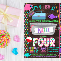 Purple Little Fisherwoman Fishing Birthday Invitations