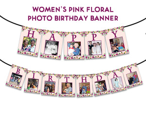 Pink Floral Womans Photo Birthday Banner