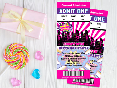 Girls Pink Superhero Ticket Birthday Invitations