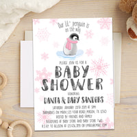 Pink Penguin Baby Shower Invitations Winter Girl