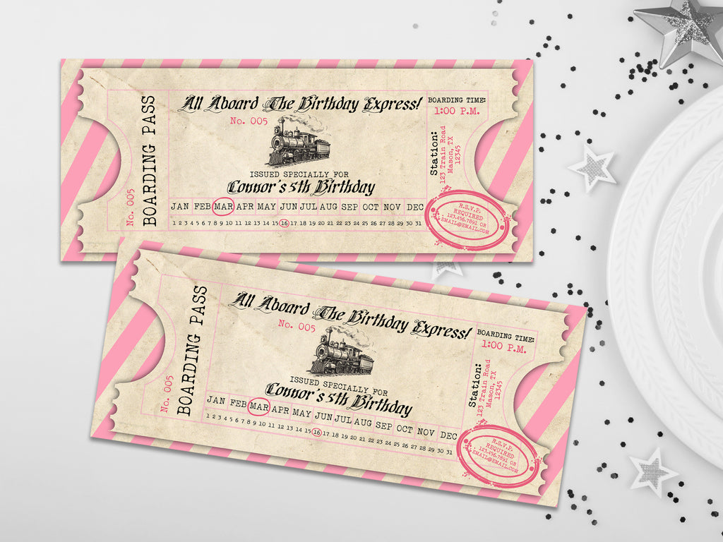 Pink Vintage Train Ticket Birthday Invitations