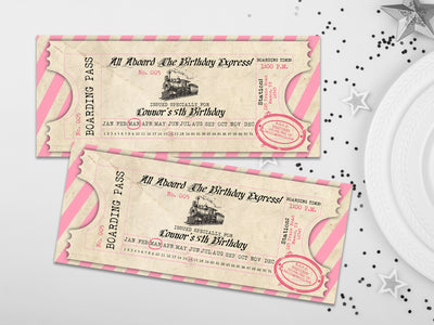 Pink Vintage Train Ticket Birthday Invitations