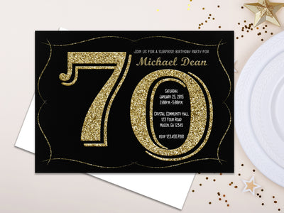 Gold Glitter 70th Birthday Invitation