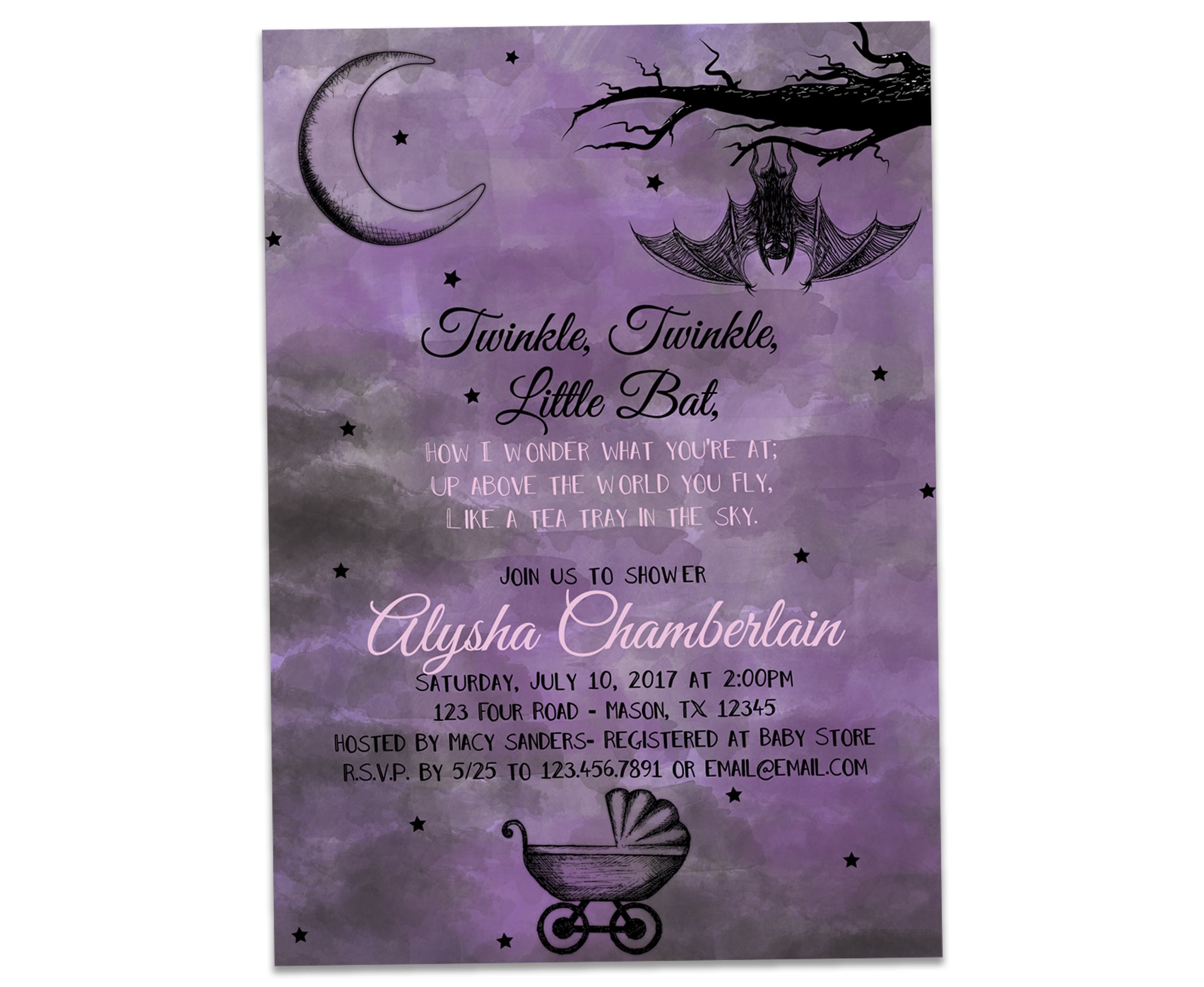 Alice in Wonderland Twinkle Little Bat Goth Baby Shower Invitations ...