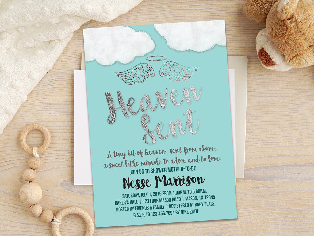 Blue Heaven Sent Baby Shower Invitation