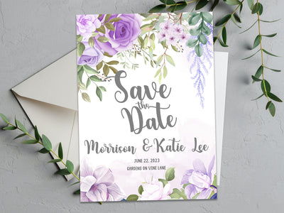 Purple Magnolia Save The Date Wedding Stationary