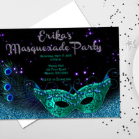 Teal Peacock Masquerade Sweet 16 Invitations