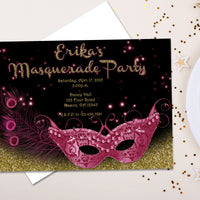 Pink and Gold Peacock Masquerade Sweet 16 Invitations