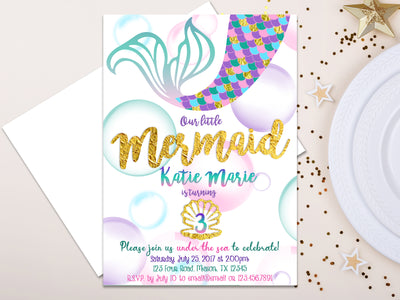 Mermaid Birthday Invitations Girl Purple Gold