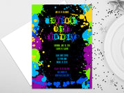 Glow Neon Paint Splatter Birthday Invitations