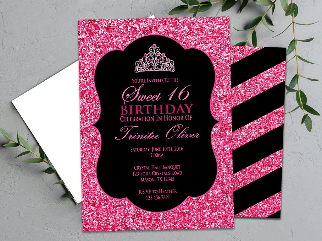 Tiara Pink Glitter Sweet 16 Invitations