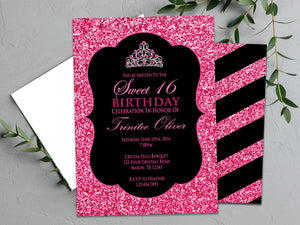 Tiara Pink Glitter Sweet 16 Invitations
