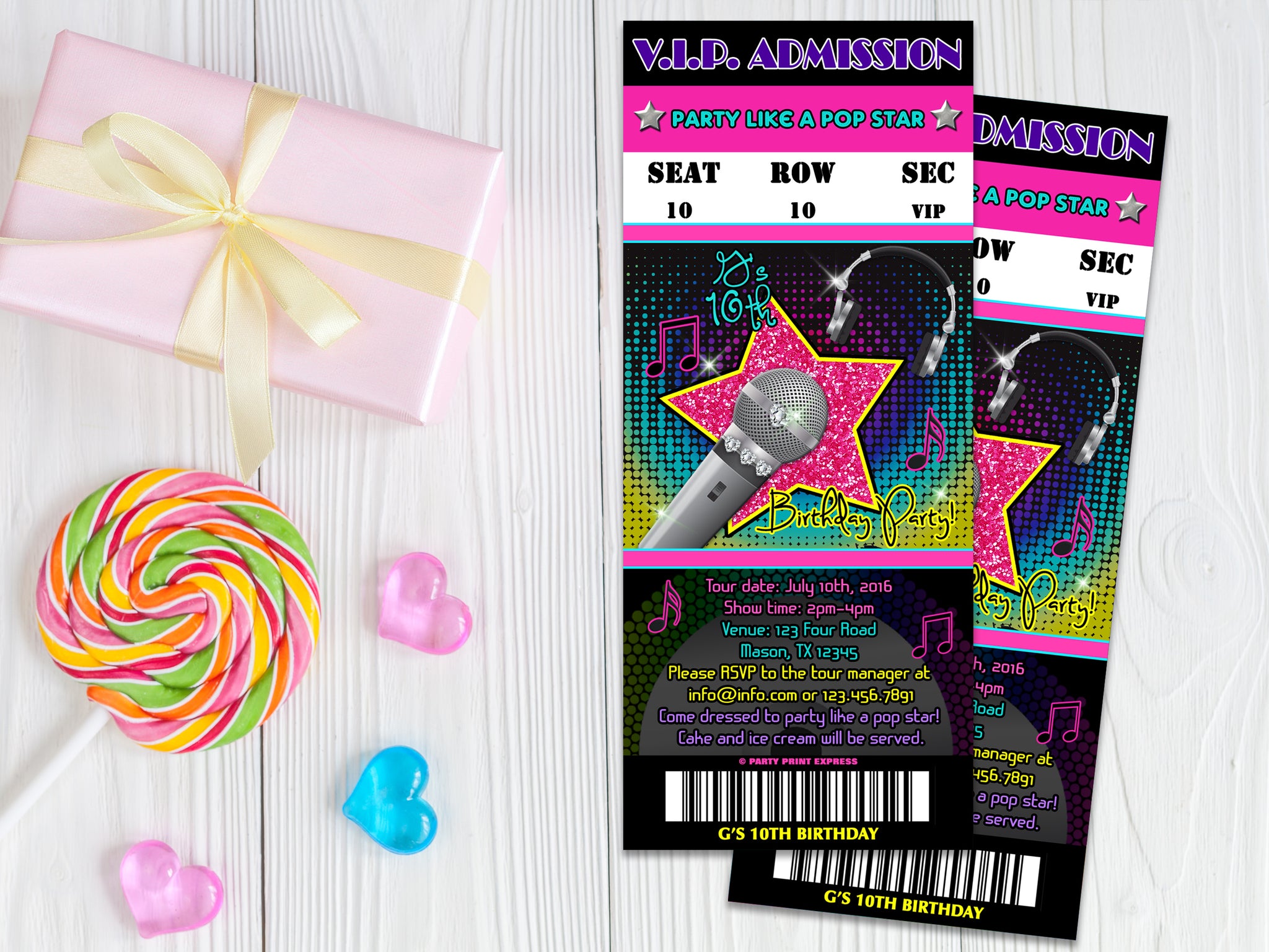 Girls Pop Star Birthday Ticket Invitations | Party Print Express