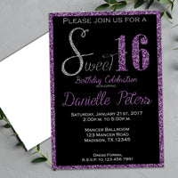 Purple Glitter Sweet 16 Birthday Invitations