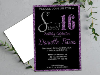 Purple Glitter Sweet 16 Birthday Invitations