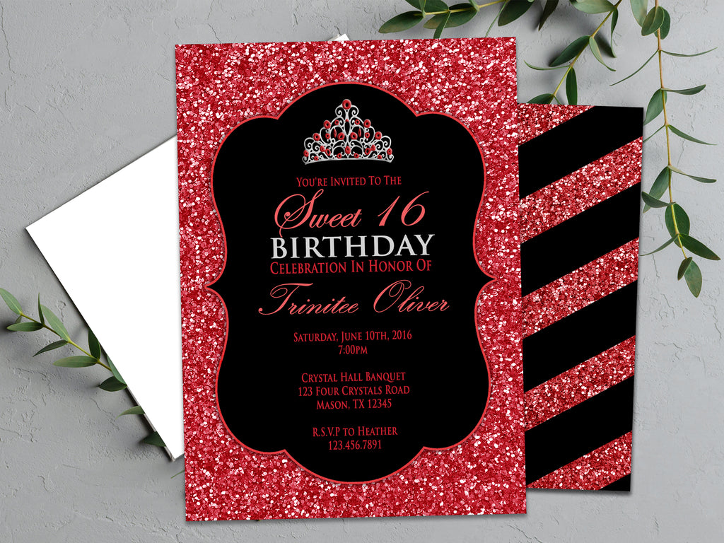 Black Red Glitter Sweet 16 Invitations