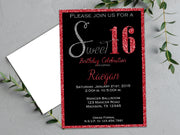 Glam Red Glitter Sweet 16 Invitations