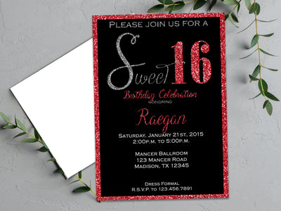 Glam Red Glitter Sweet 16 Invitations