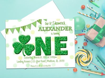 Glitter Shamrock 1st Birthday Invitations