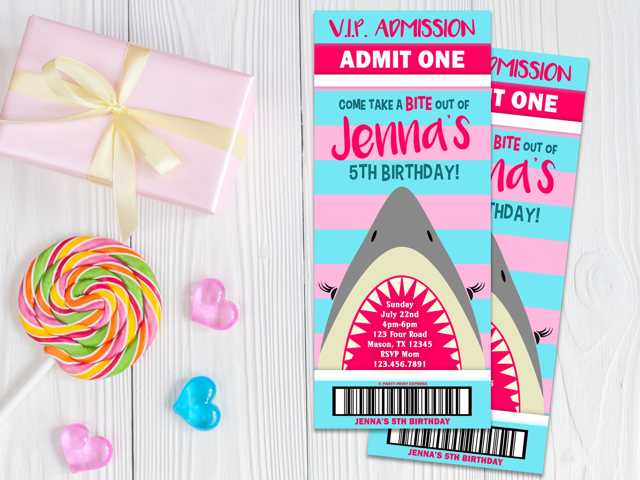 Girl Shark Admission Ticket Invitation Pink | Party Print Express