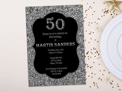 Black and Silver Adult Birthday Invitations - ANY AGE